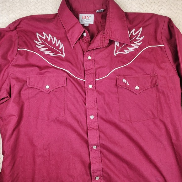 Ely Diamond Mens L Western Cowboy Rodeo Shirt Burgundy Feather Embroidery - Picture 6 of 10